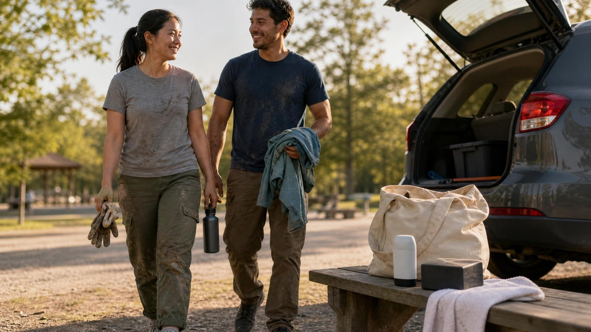 Adults returning from outdoor volunteer work with dirty gear beside an open hatchback, including a canvas bag, towel, plain soap bar, and unbranded deodorant on a wooden bench.