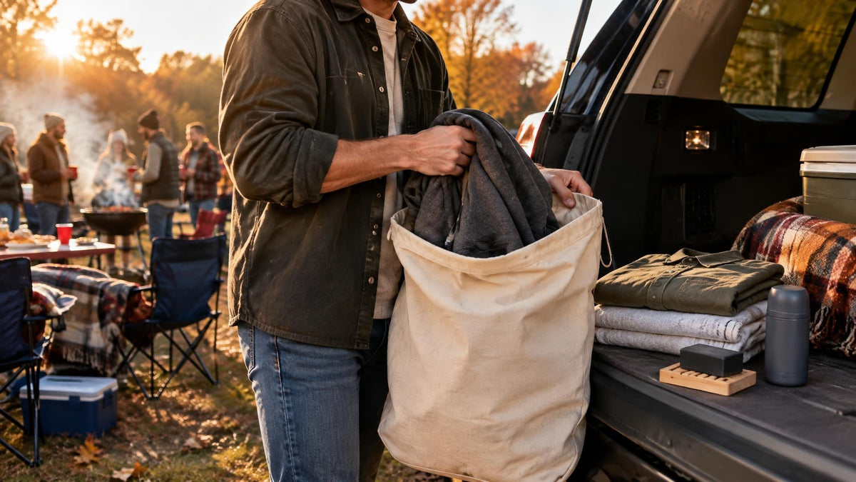 Person placing a smoky hoodie into a breathable laundry bag at an autumn tailgate beside an open vehicle hatch with unbranded grooming items nearby