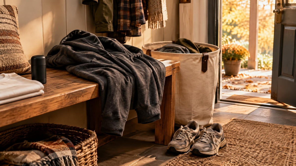 Fall mudroom with an unbranded charcoal hoodie, laundry basket, sneakers, clean shirt, and unbranded black deodorant in warm autumn light