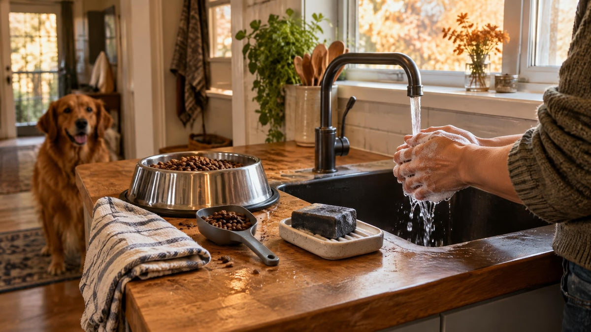 Warm kitchen feeding station with hands, a pet-food bowl, plain soap bar, towel, and dog waiting nearby in autumn light.