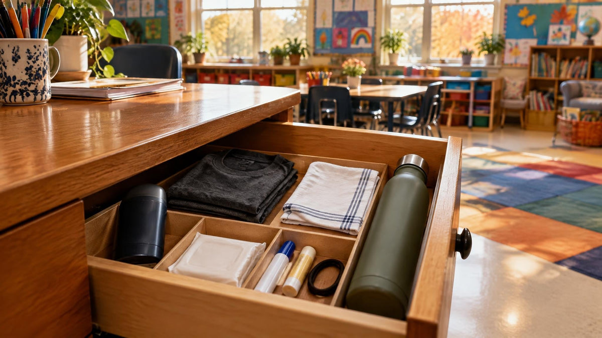 Warm classroom teacher’s desk with an open drawer containing a spare shirt, deodorant, hand-care items, stain-removal pen, and water bottle.