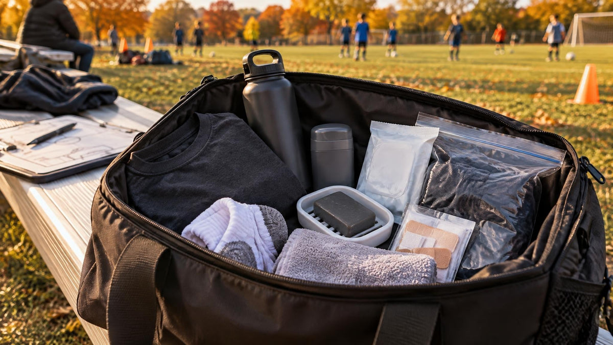 Fall sports sideline gear tote with a clean shirt, towel, unbranded soap, deodorant, and damp-clothing bag near a community field