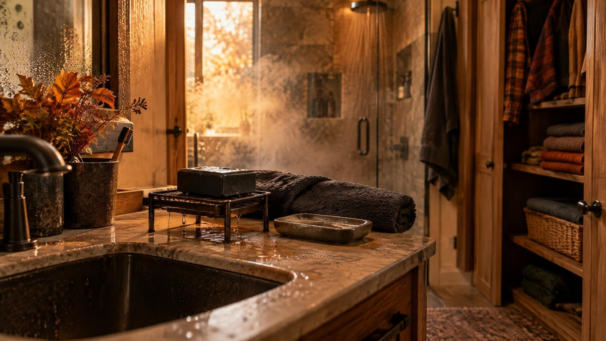 Warm fall bathroom with an unbranded dark bar of soap on an elevated draining rack, a damp flat soap dish nearby, and autumn clothing in an open linen cabinet.