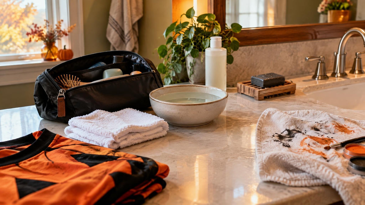 Warm lived-in bathroom with Halloween face-paint removal supplies, dark soap, washcloths, costume fabric, and subtle autumn details