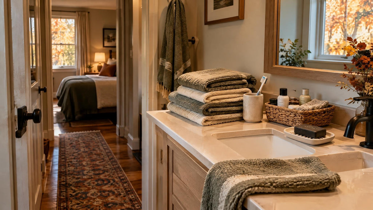 Warm autumn guest bathroom with fresh towels, unbranded personal-care items, a dark bar of soap on a draining dish, and a welcoming hallway.