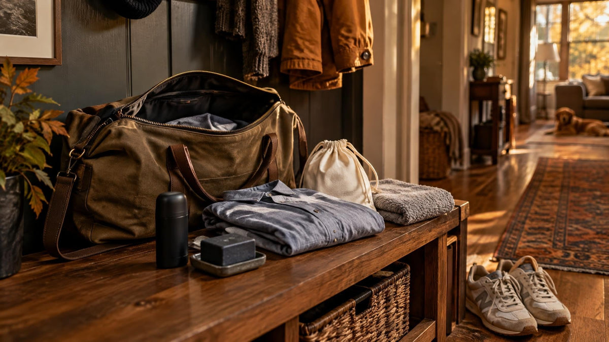 Fall mudroom bench with an open overnight bag, unbranded dark soap, plain black deodorant, folded shirt, laundry bag, towel, and worn sneakers in warm afternoon light