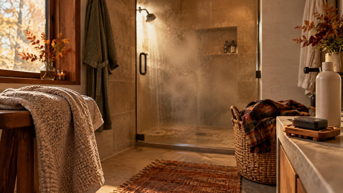 Warm fall bathroom with an unbranded bar soap on a draining dish, body-wash bottle, folded flannel shirt, and steamy shower