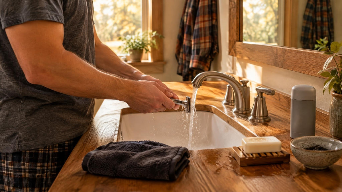 A freshly shaved man rinsing a razor at a warm wooden bathroom vanity with an unbranded soap bar, towel, deodorant, and bowl for trimmed facial hair