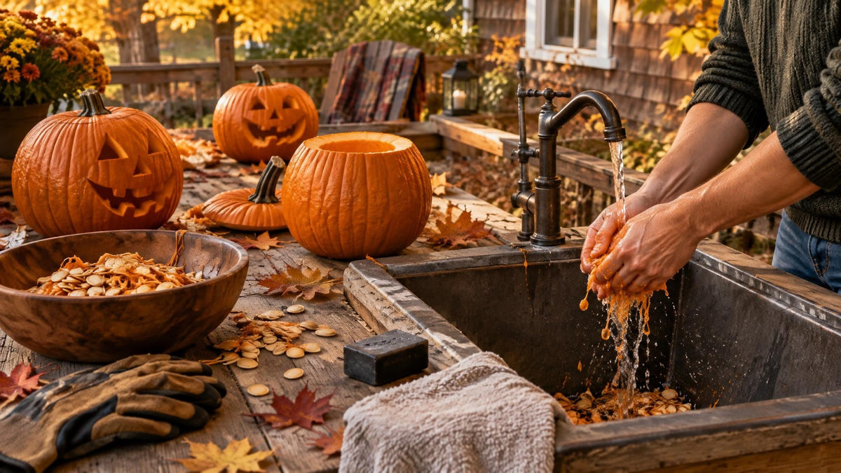 Adult hands rinsing pumpkin pulp from fingers at an outdoor sink beside carved pumpkins, soap, and a clean towel on an autumn porch.