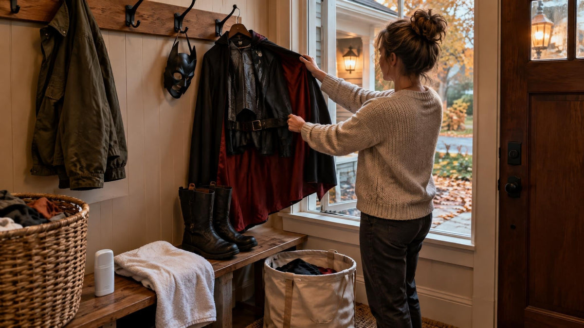 Halloween costume pieces airing out in a warm autumn mudroom beside a clean towel, unbranded deodorant, laundry basket, and breathable storage bag