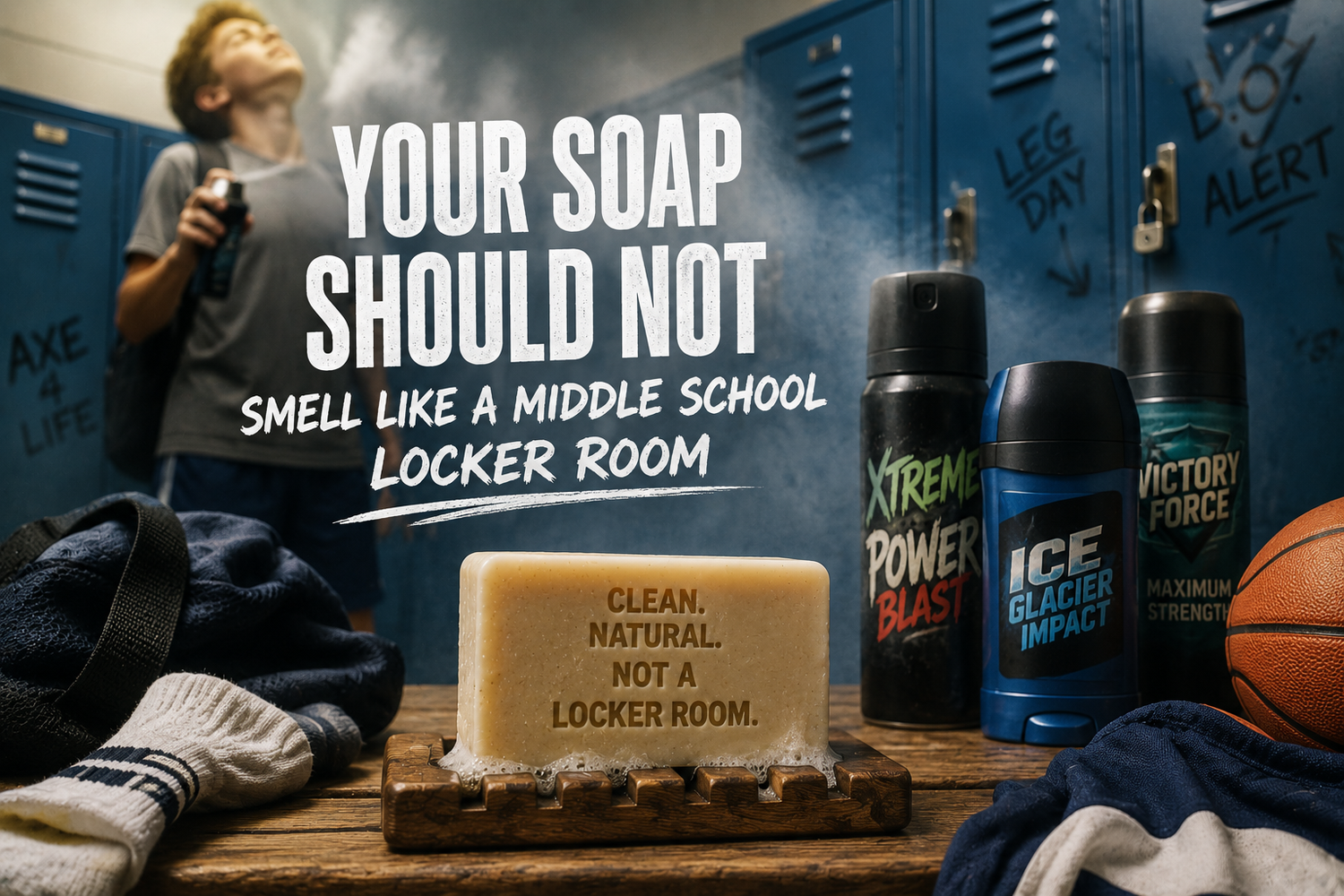 Humorous locker room scene with an unlabeled bar of soap surrounded by sports gear, body spray cans, and a cloud of overpowering fragrance.