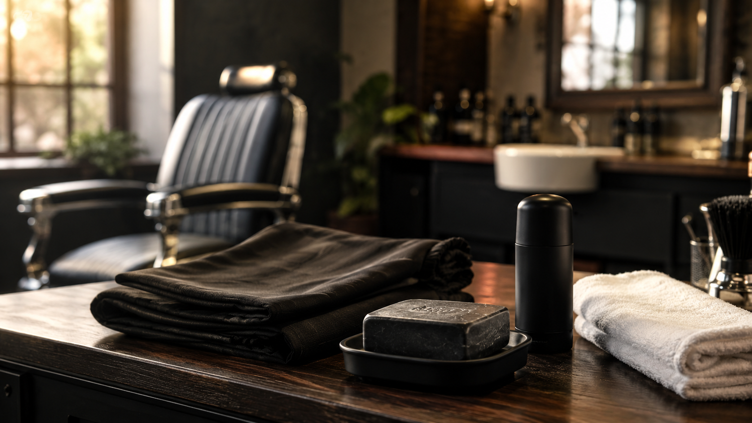 Barbershop-inspired grooming scene with a clean chair, folded towel, unbranded soap, and deodorant on a counter.