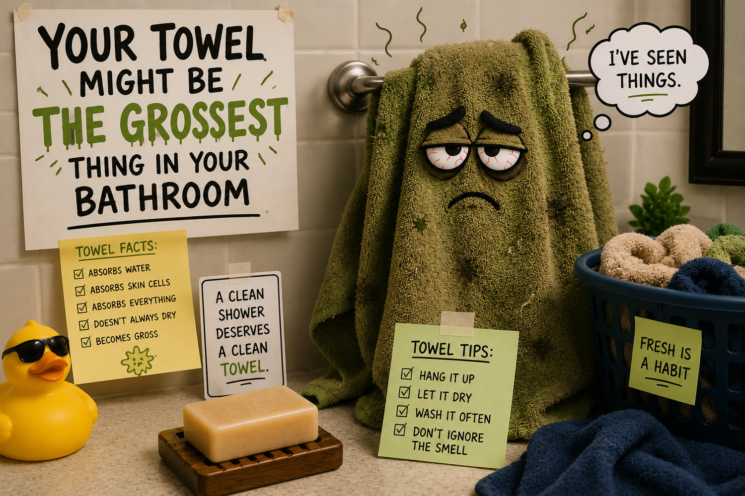 Humorous bathroom scene featuring a tired cartoon-style towel hanging beside funny hygiene signs, sticky notes, a rubber duck, laundry basket, and an unlabeled bar of soap on a wooden soap dish.