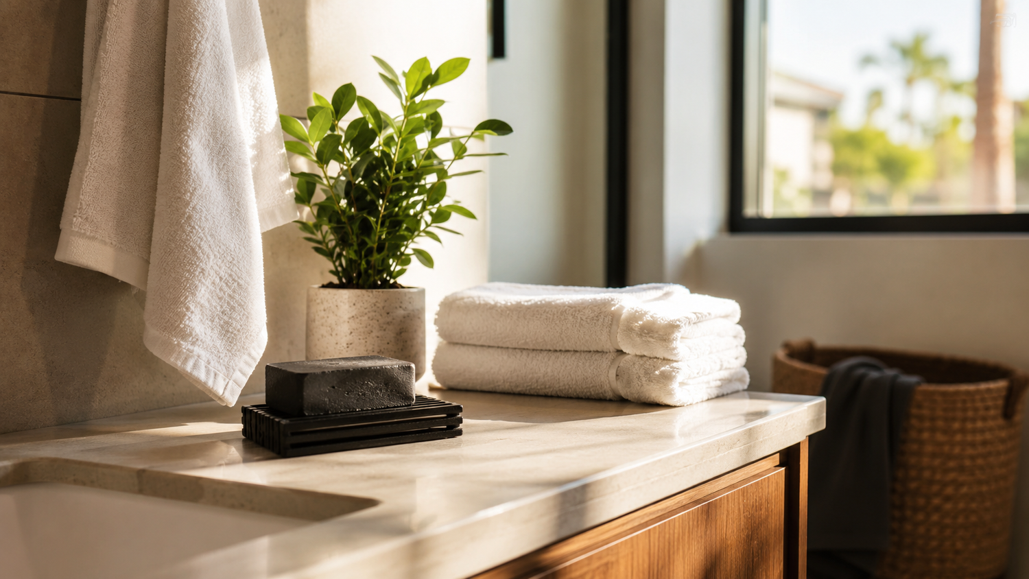 Clean summer bathroom counter with folded towels, unbranded soap on a draining soap rest, and tidy organization.