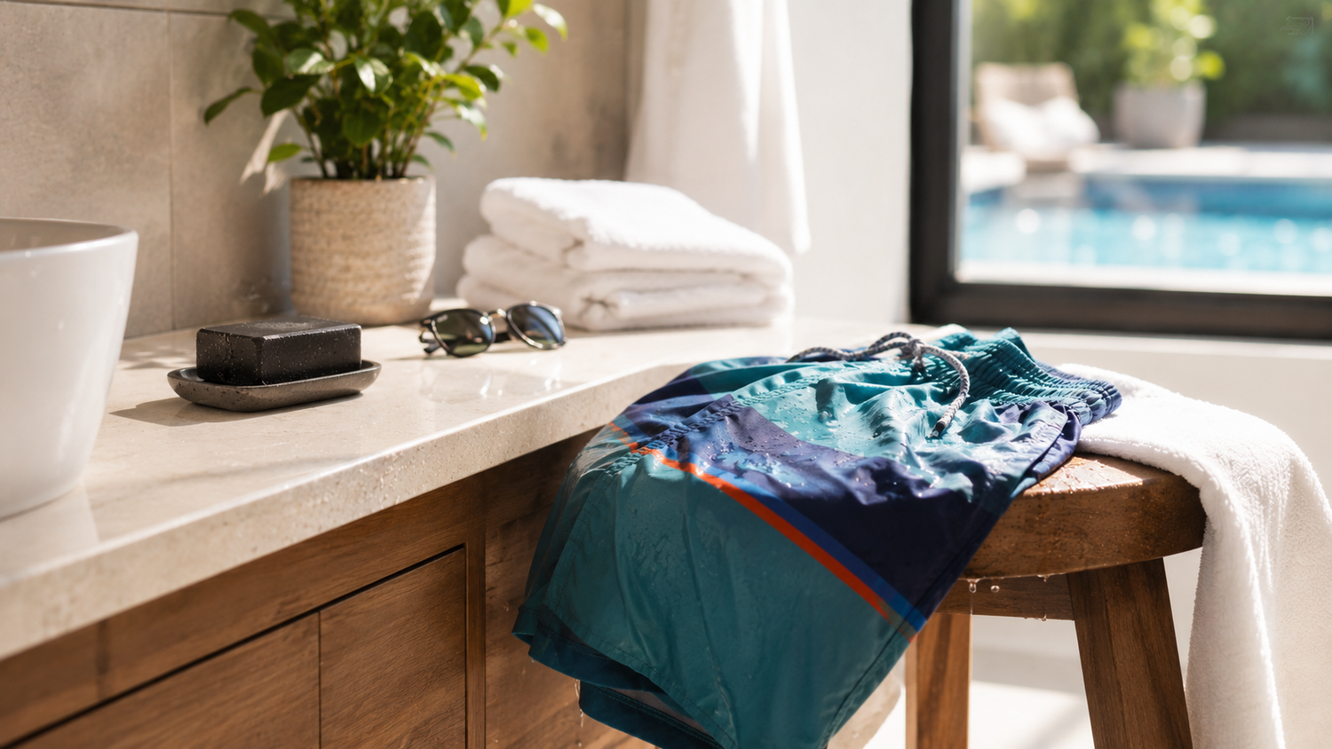 Bright bathroom after a pool day with damp swim trunks, clean towel, sunglasses, and unbranded soap.