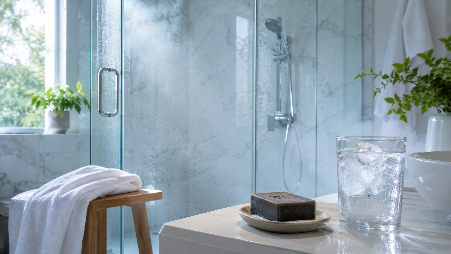 Refreshing summer bathroom scene with a shower, towel, unbranded soap bar, and glass of ice water after a hot day.