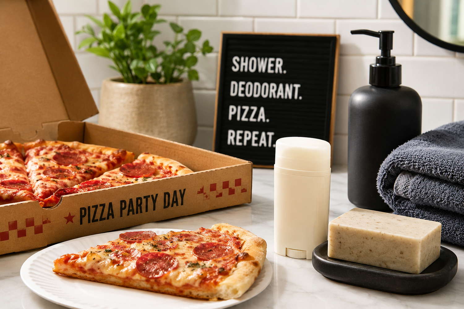 Pizza slices beside unbranded deodorant and shower essentials in a bright bathroom representing simple daily grooming on Pizza Party Day