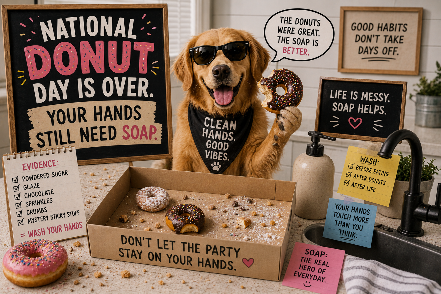 Playful National Donut Day bathroom scene with a dog holding a donut, scattered crumbs, an unbranded soap dispenser, and humorous signs reminding people to wash their hands.