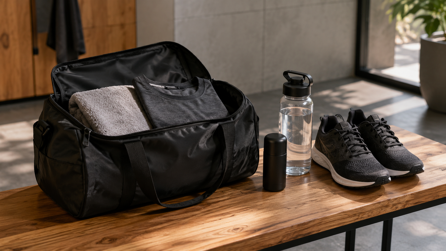Organized gym bag with fresh workout essentials and deodorant beside a bench.