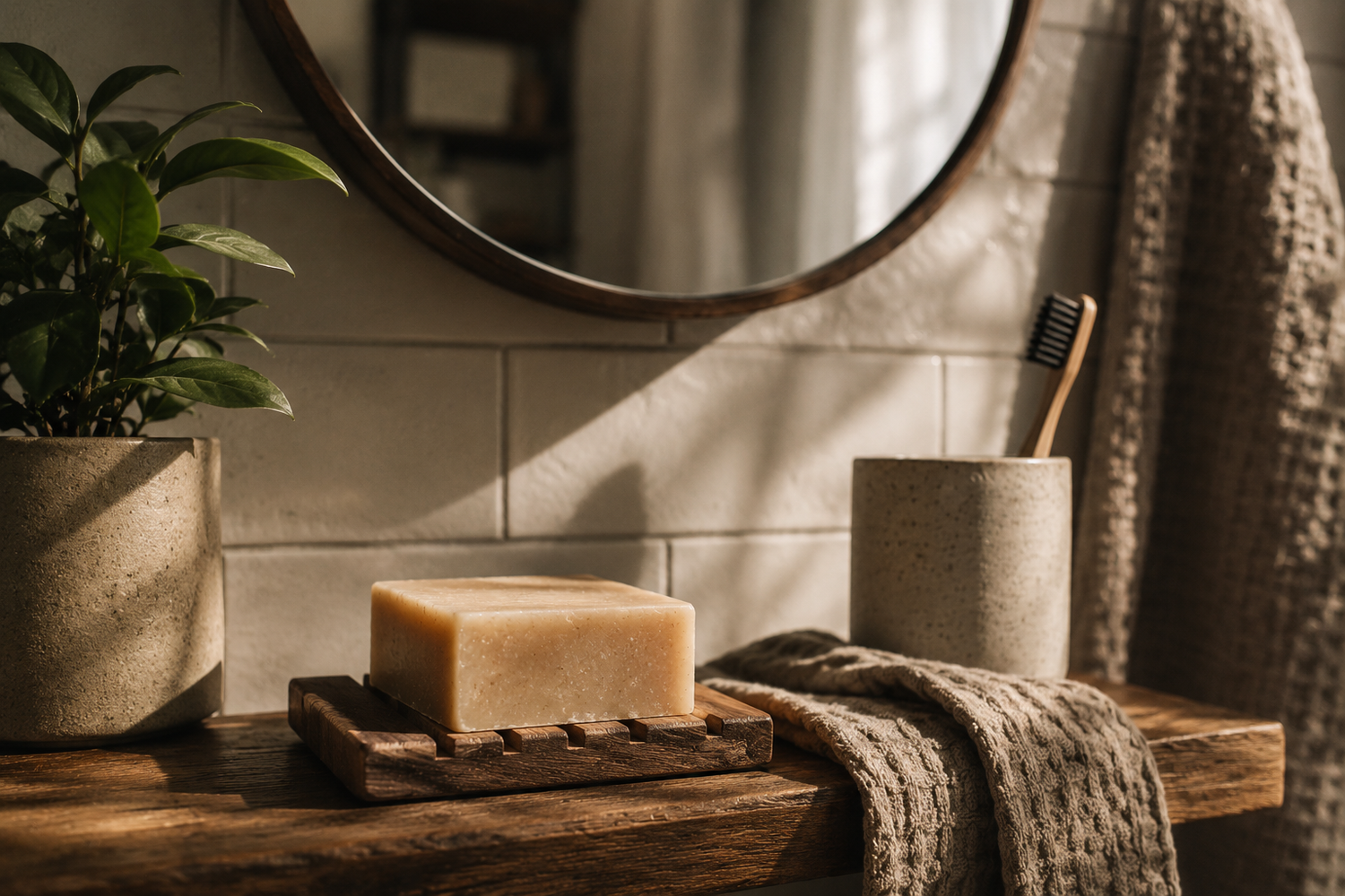 Warm natural-light bathroom scene with an unlabeled bar of soap resting on a wooden soap dish beside a towel, toothbrush, and plant in a calm minimalist setting.