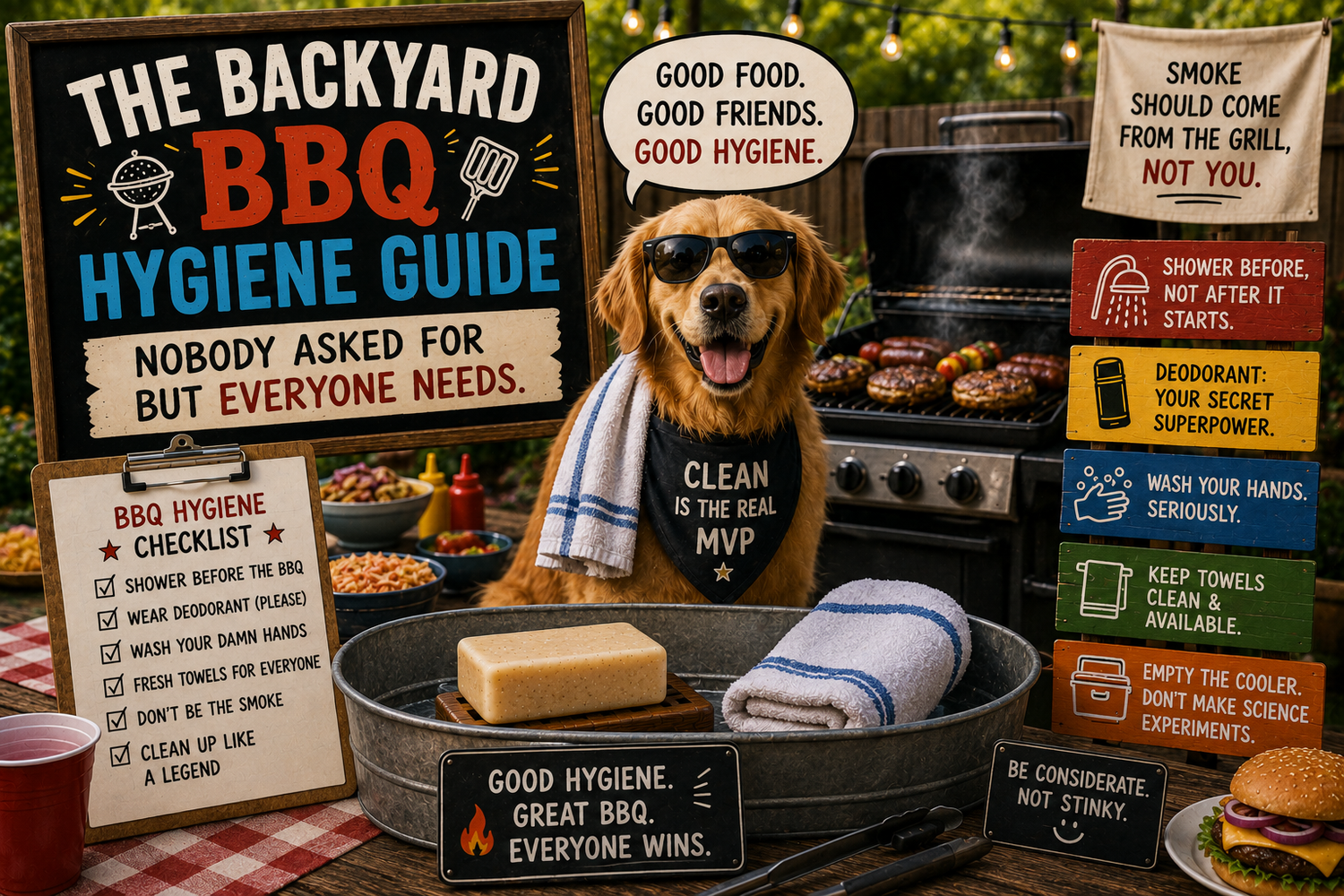 Humorous backyard BBQ scene featuring a smiling dog in sunglasses, a grill full of food, an unlabeled bar of soap on a soap dish, clean towels, and playful signs about staying fresh, washing hands, and enjoying summer cookouts.