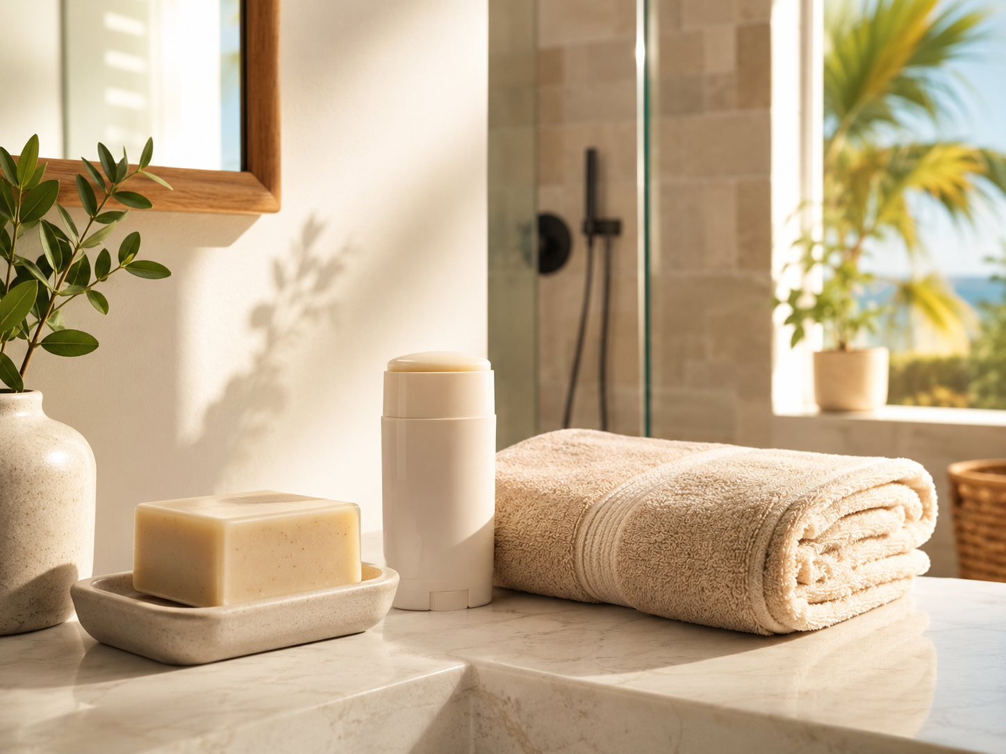 Warm weather grooming essentials with unbranded soap and deodorant near a shower towel for the start of smell-better season