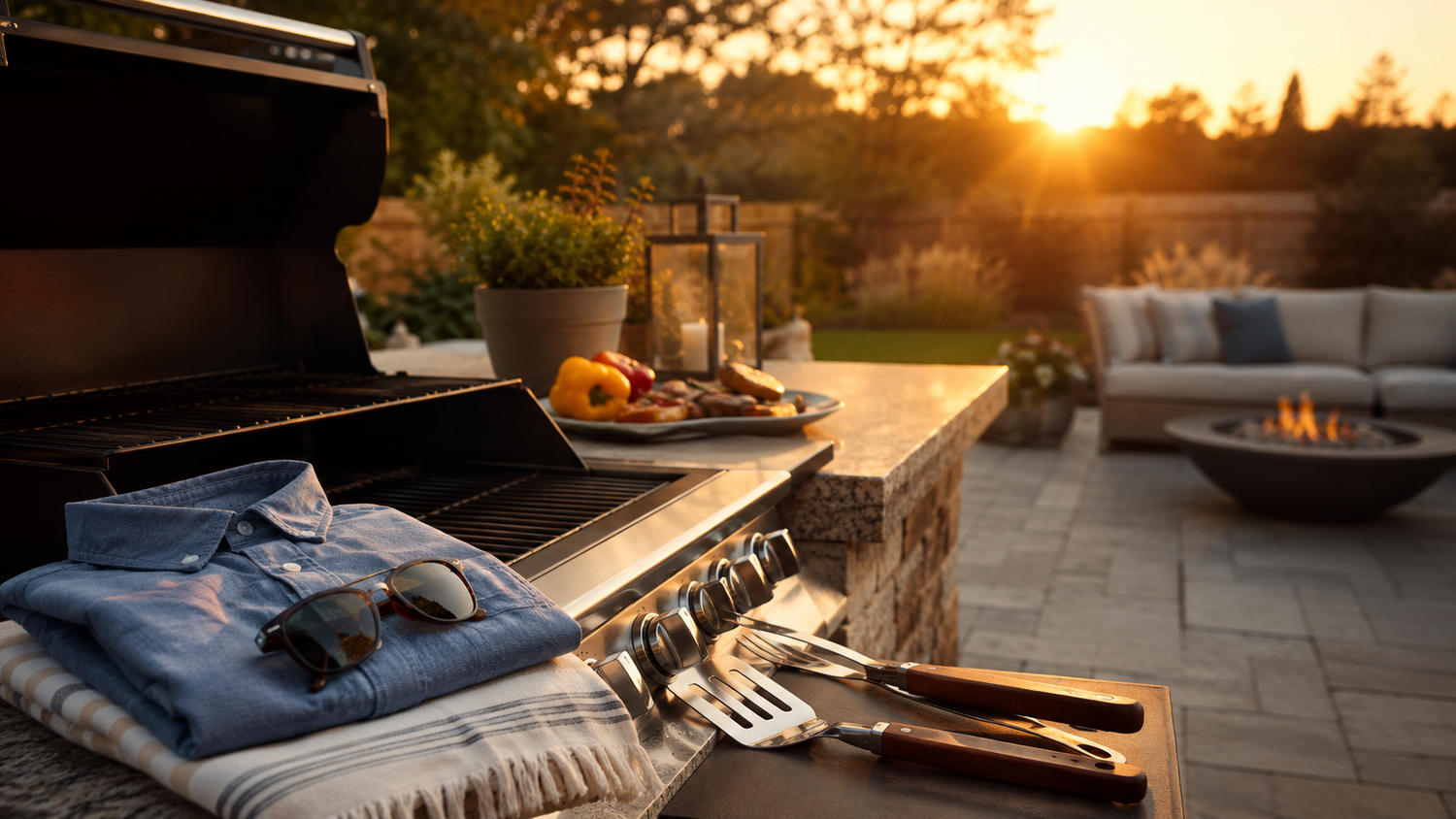 Backyard grilling setup at sunset with fresh clothes waiting nearby.