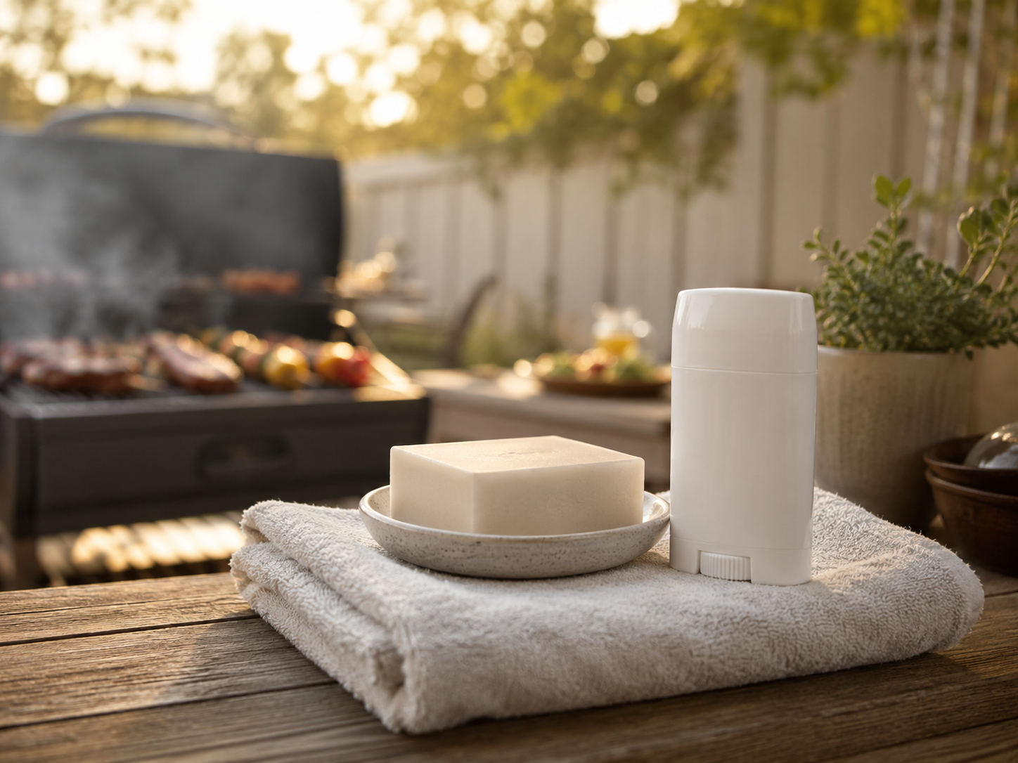 Outdoor barbecue scene with unbranded soap and deodorant near a towel representing better grooming basics for cookout season