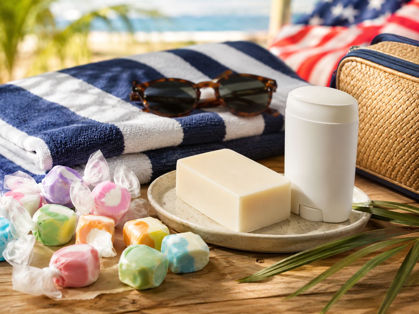 Colorful taffy and warm-weather weekend essentials beside unbranded body soap and deodorant representing a simple post-adventure shower routine