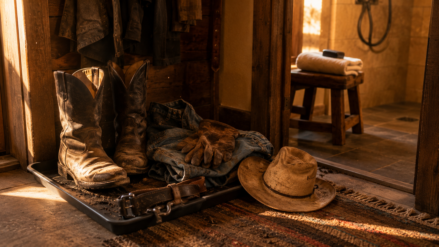 Dusty work boots, jeans, gloves, and cowboy hat left in a mudroom beside a clean towel and unbranded soap near a shower.