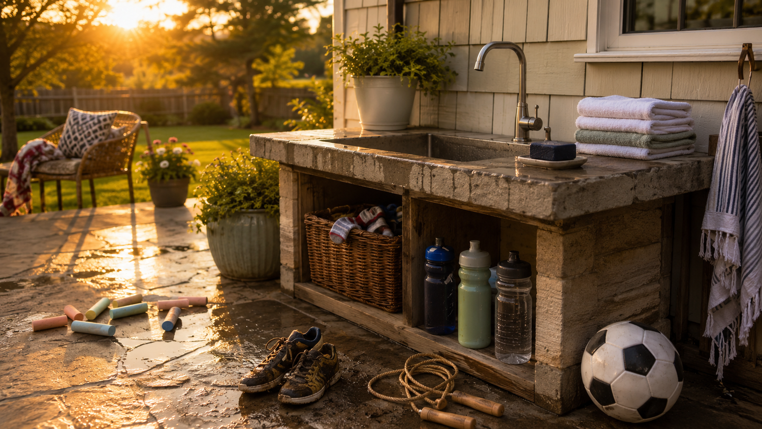 Back patio cleanup station after outdoor play with chalk, muddy sneakers, towels, water bottles, soccer ball, and unbranded soap.