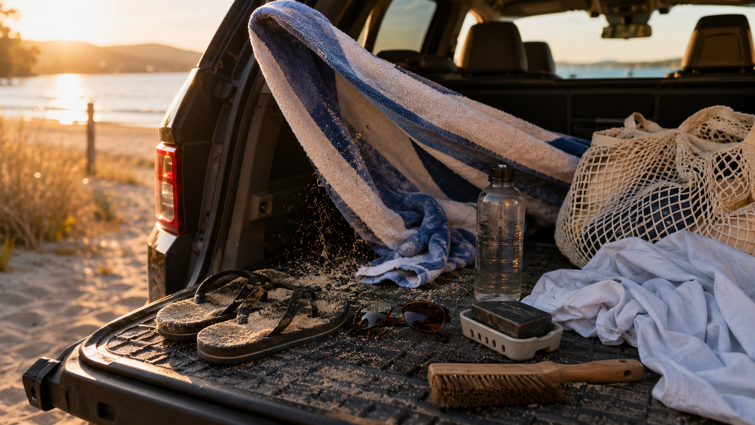 Open vehicle hatch after a beach day with sandy shoes, towel, mesh bag, clean clothes, travel soap, and shoreline in the background.