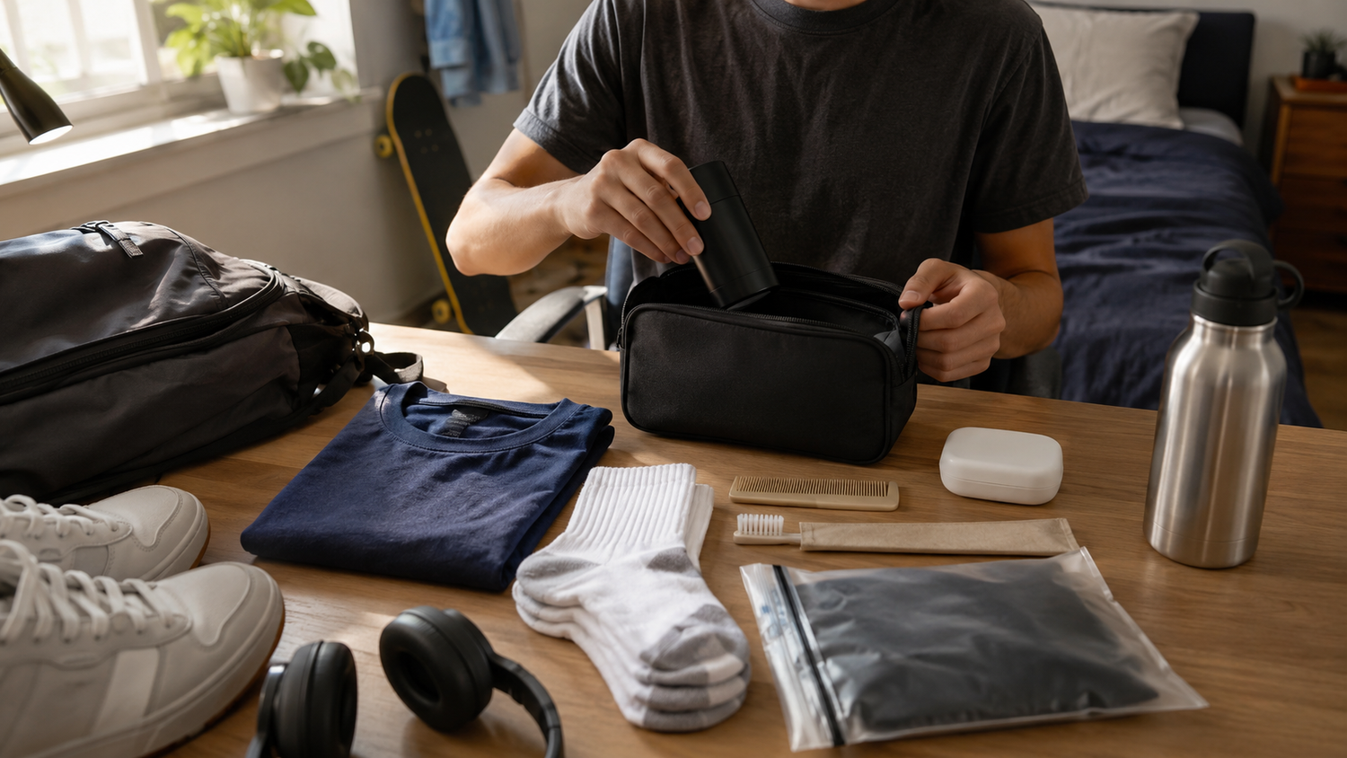 Teen packing a school hygiene pouch with clean clothing, unbranded deodorant, toothbrush, comb, soap, and a backpack nearby.