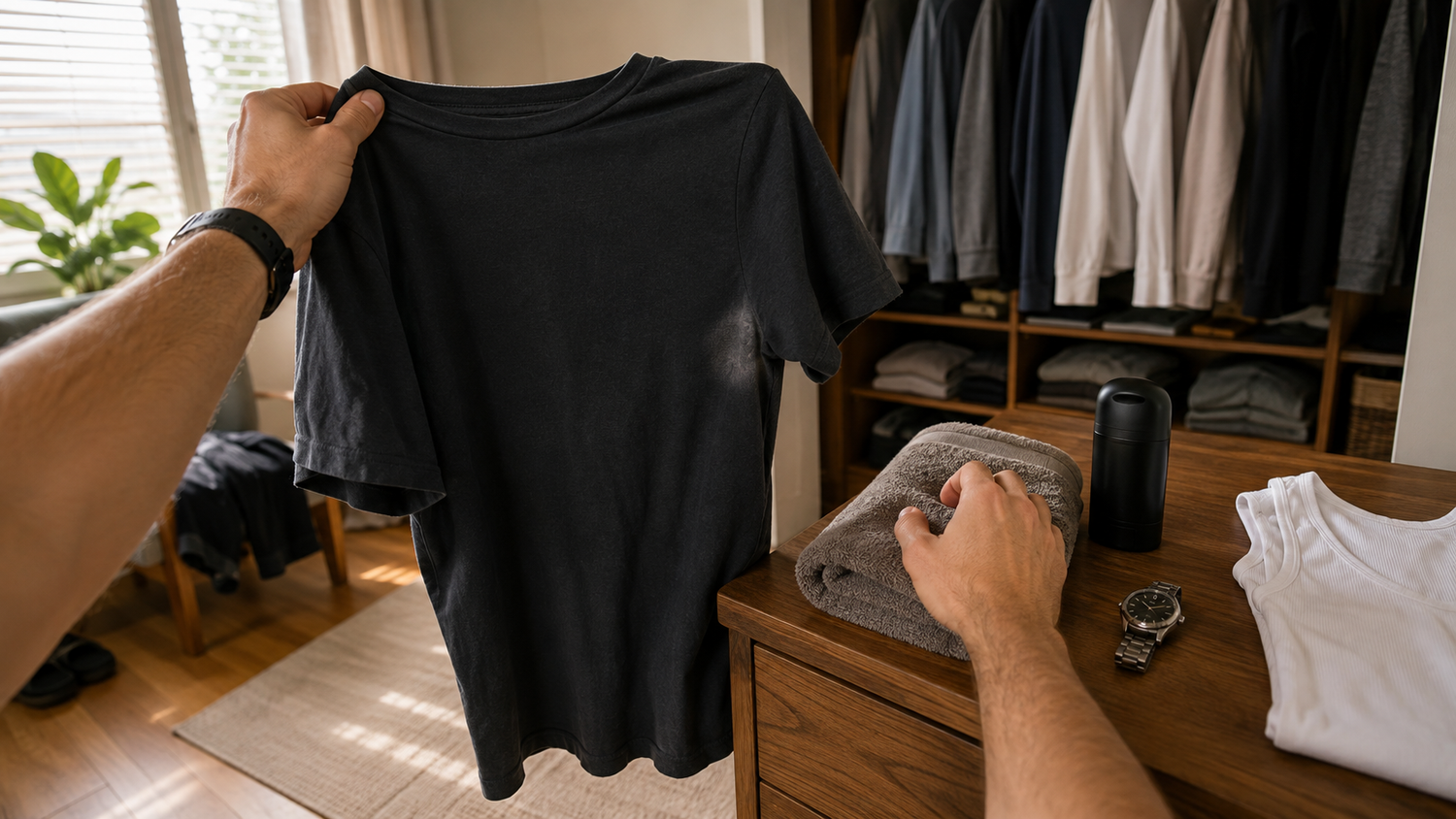 Dark T-shirt with a faint deodorant transfer mark held beside an open closet, towel, watch, and unbranded deodorant.