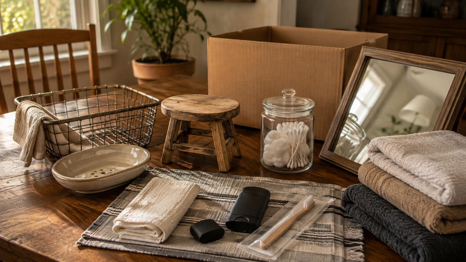 Secondhand bathroom organizers, mirror, soap dish, stool, baskets, and jars arranged for reuse beside clearly new personal-care essentials.