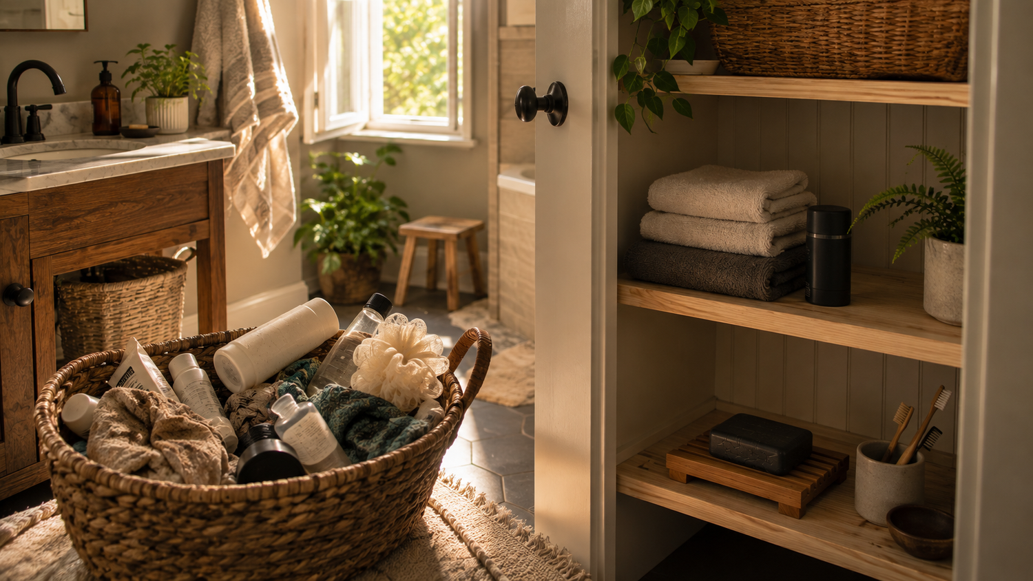 Late-summer bathroom declutter with a basket of old toiletries and worn linens beside freshly organized towels, soap, and grooming essentials.
