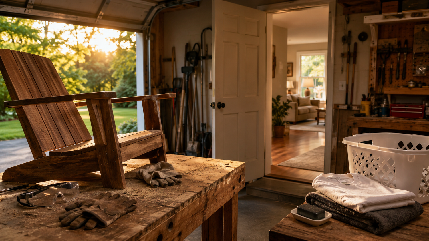 Saturday garage project with tools, gloves, sawdust, and a clean towel, shirt, unbranded soap, and laundry basket ready by the house door.