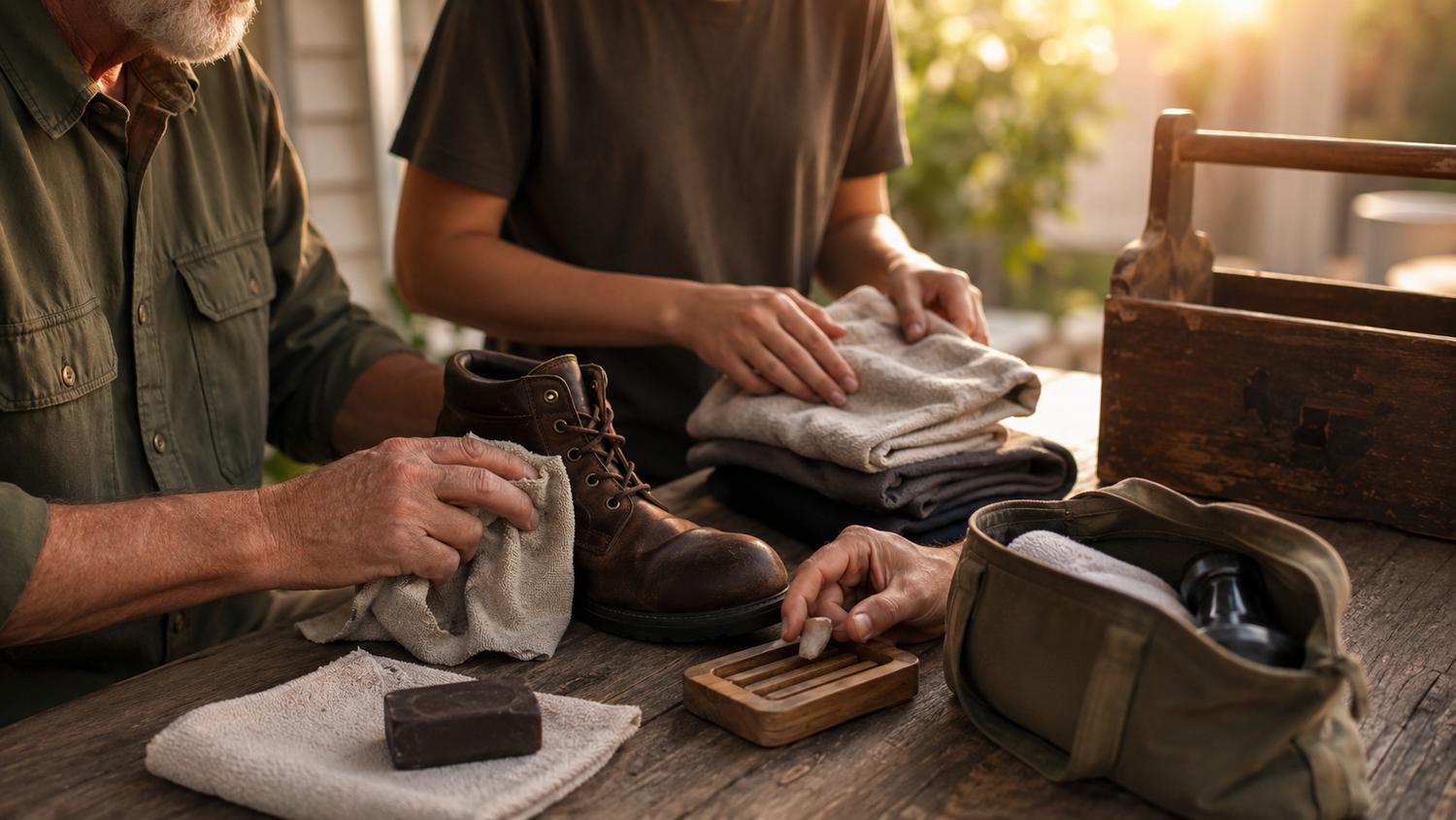 Older and younger adults sharing practical household routines at a porch worktable with towels, boots, tools, an unbranded soap bar, and a wash kit.
