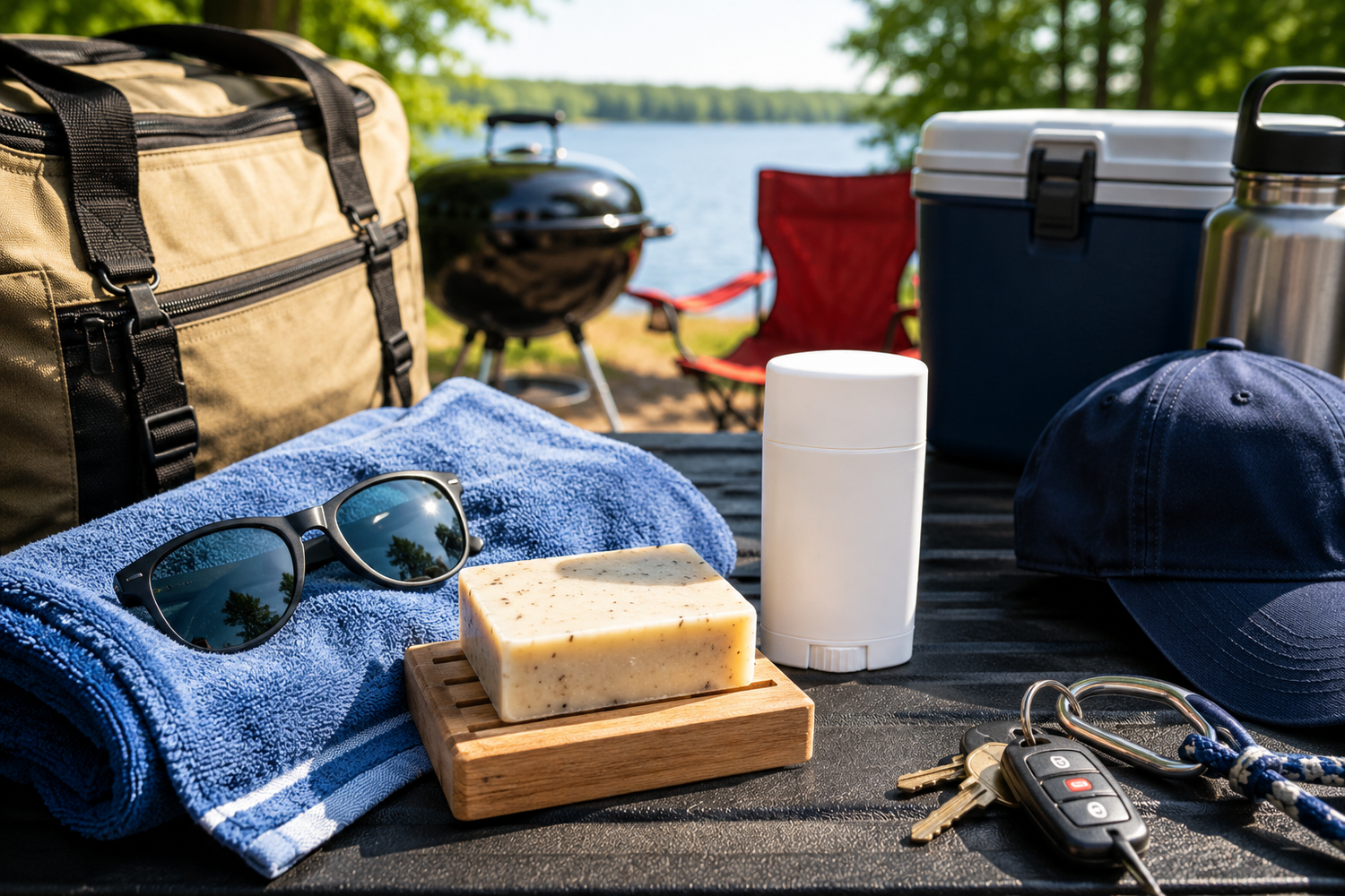 Warm-weather weekend essentials with unbranded body soap and deodorant beside a towel, sunglasses, travel bag, and outdoor gear