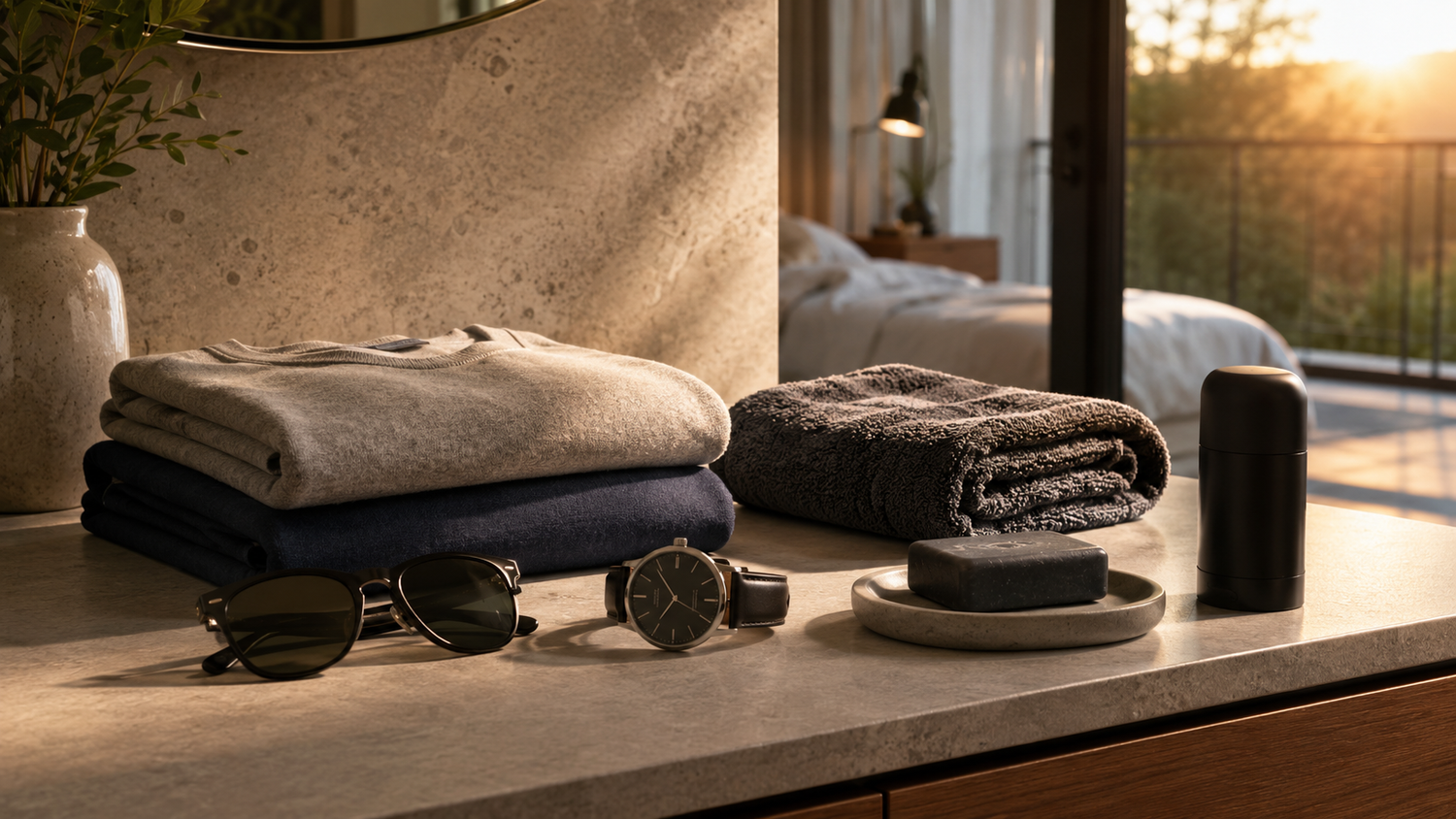 Morning routine essentials arranged neatly in sunrise light before the workday begins.