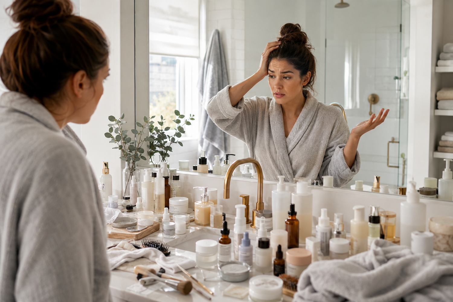 Overwhelmed person in a modern bathroom surrounded by unbranded personal care products during a complicated grooming routine