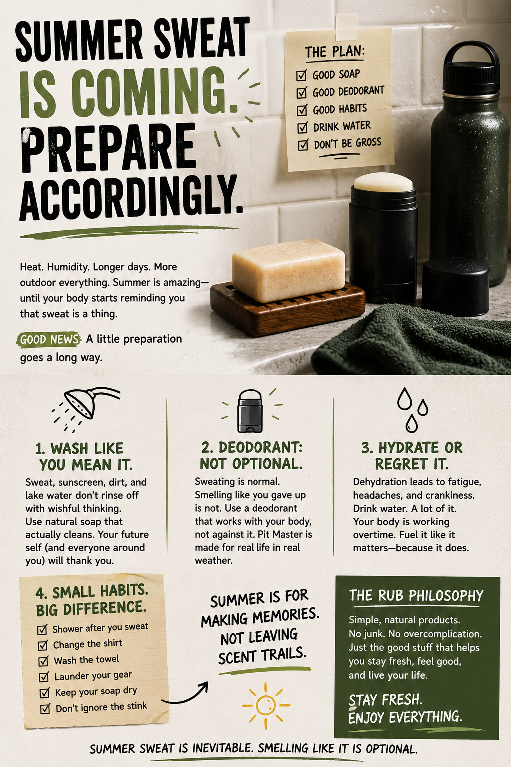 Summer hygiene checklist scene with unlabeled soap, deodorant, water bottle, towel, and warm-weather freshness tips for preparing for summer sweat.