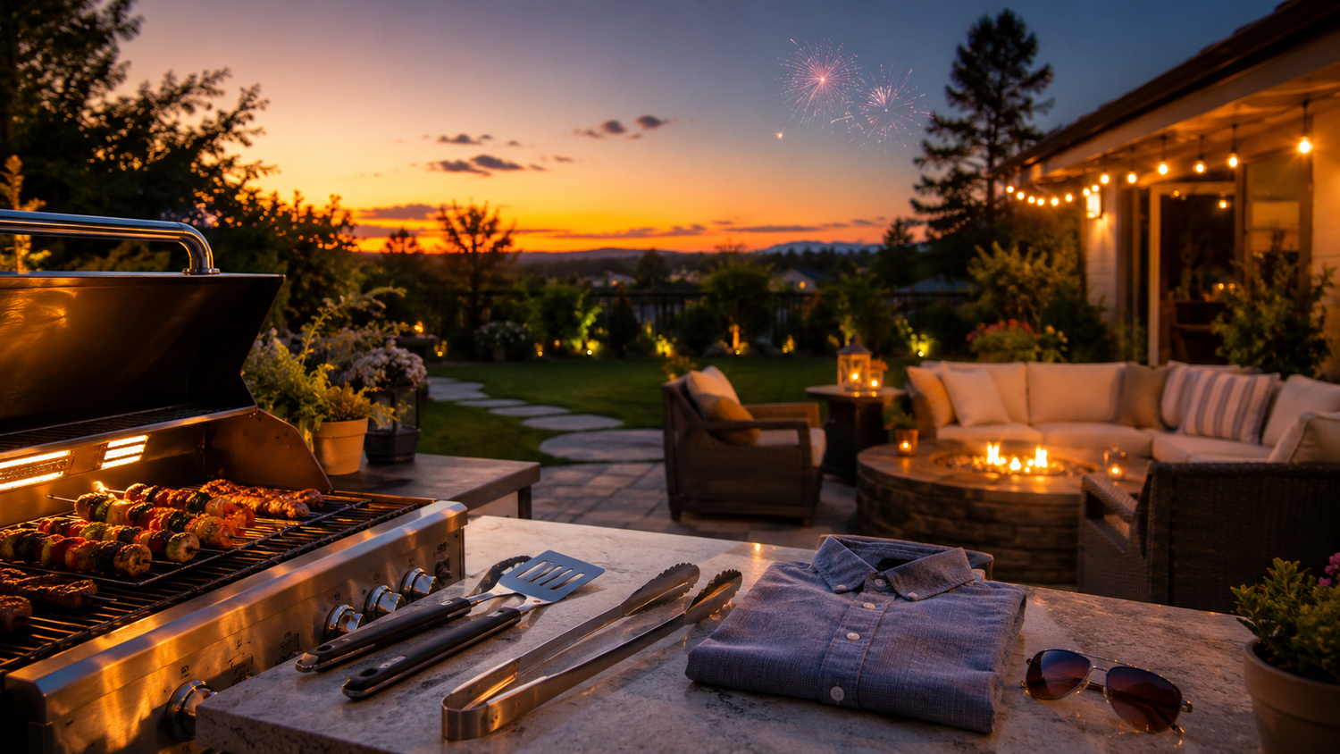 Backyard gathering scene before fireworks with fresh clothes and grilling gear nearby.