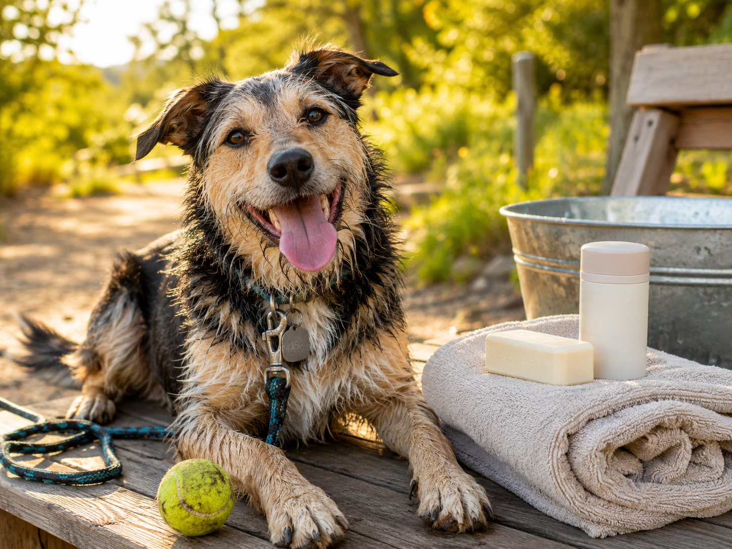 Rescue dog on a sunny outdoor walk with unbranded body soap, deodorant, and a towel nearby representing a simple post-walk shower routine