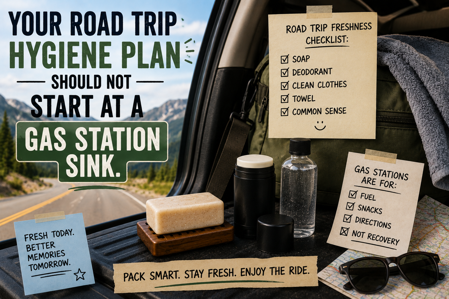 Humorous road trip hygiene scene featuring an open vehicle cargo area with travel gear, towels, map, sunglasses, an unlabeled bar of soap, unbranded toiletry containers, and a playful checklist reminding travelers to stay fresh on the road.