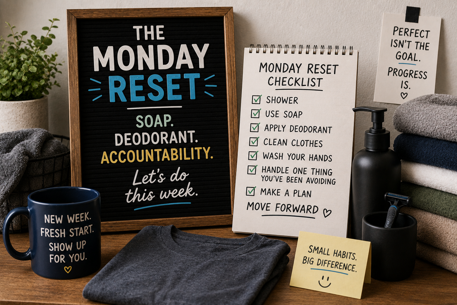 Monday reset bathroom scene featuring a folded clean shirt, neatly stacked towels, an unbranded soap dispenser, a simple grooming setup, and motivational checklist signs about starting the week fresh with good habits and personal accountability.