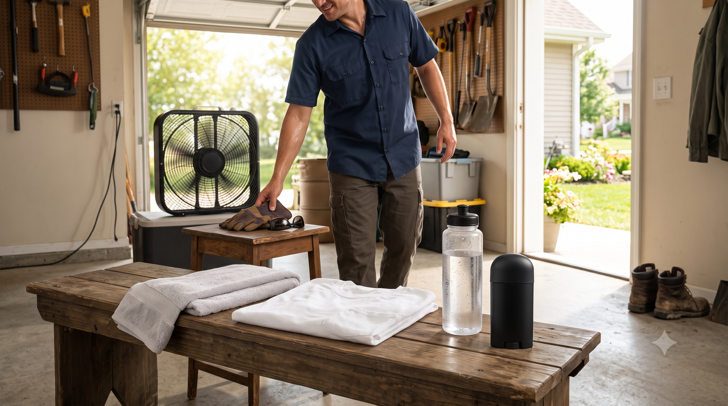 Summer garage reset station with work gloves, sunglasses, clean shirt, towel, water bottle, and unbranded deodorant.