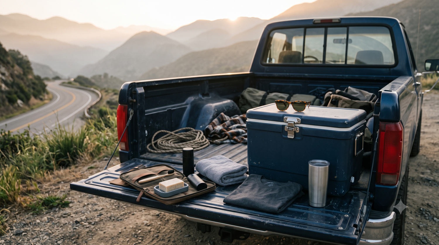 Road-trip hygiene kit with a towel, clean shirt, toothbrush, unbranded soap, and deodorant arranged on an open vehicle tailgate.