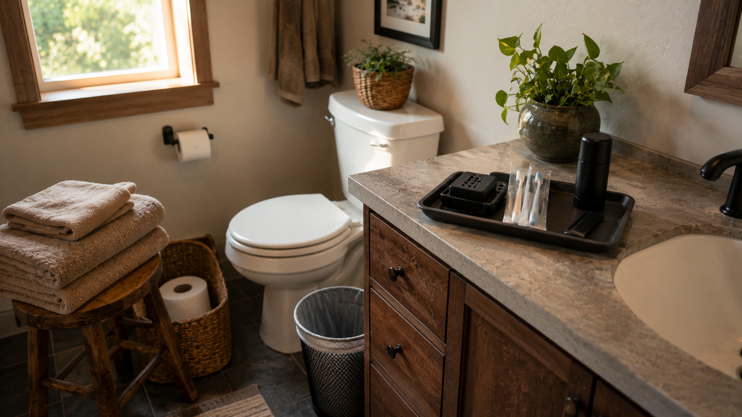 Warm guest bathroom stocked with clean towels, toilet paper, unbranded soap, toothbrushes, deodorant, comb, and a visible trash can.