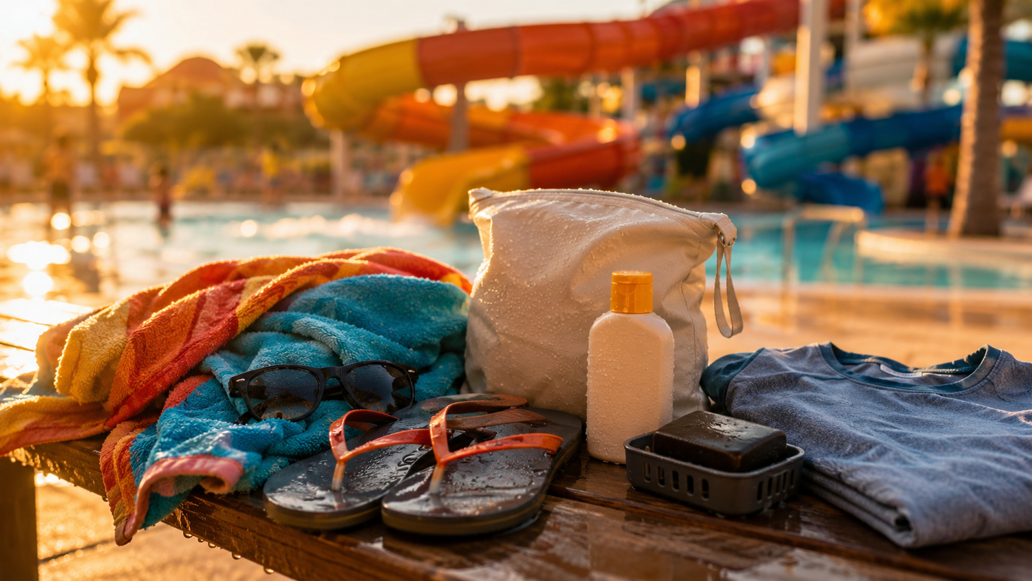 Waterpark exit bench with damp towels, flip-flops, sunglasses, wet bag, unbranded sunscreen, soap, and a clean shirt.